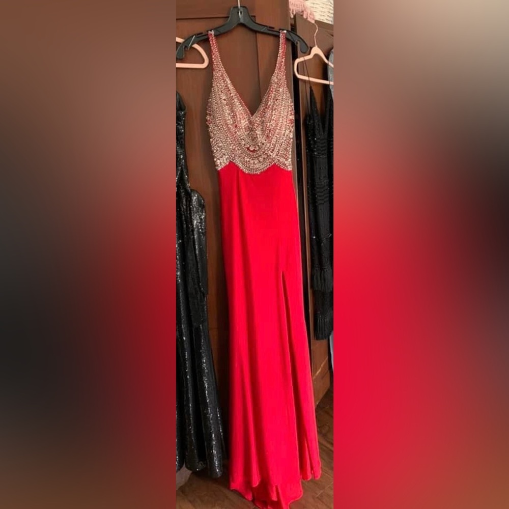 Size 2 Angela & Allison Red beaded Vneck sleeveless side split formal Dress
